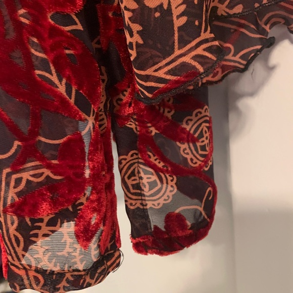 Velvet & Sheer 3/4 Sleeve Button-down Blouse, Dressy, Ruffle Cuff, Collar, Layer - Picture 6 of 7